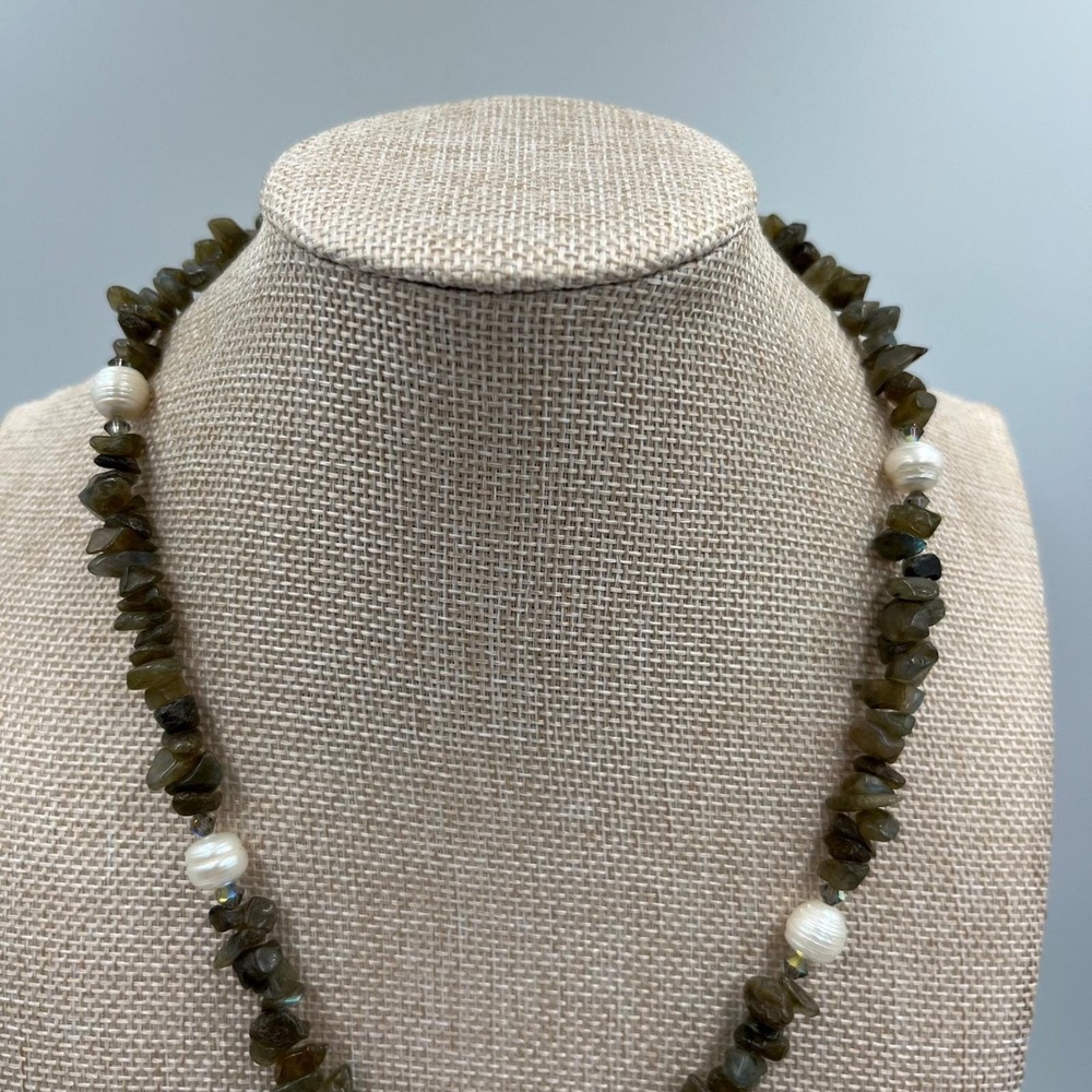 Vintage Gray Agate Pendant Necklace Labradorite Chip Beads Freshwater Pearls Y2K - Picture 3 of 8